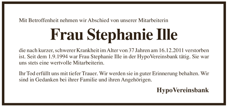 Traueranzeige für Stephanie Ille vom 22.12.2011 aus Pegnitz-Zeitung